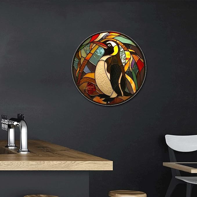 Lygond Metal Sign Tin Sign Circular Stained Glass Penguin Greenhouse Decor for Patio 12×12 Inches