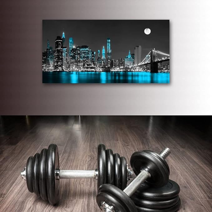 Jiuqinghua Wall Art Decor Canvas Print Picture 1 Panel Black White and Blue New York Brooklyn Bridge Cityscape Night Building Painting for Kitchen Office Home Decor Framed Ready to Hang 20x40inch