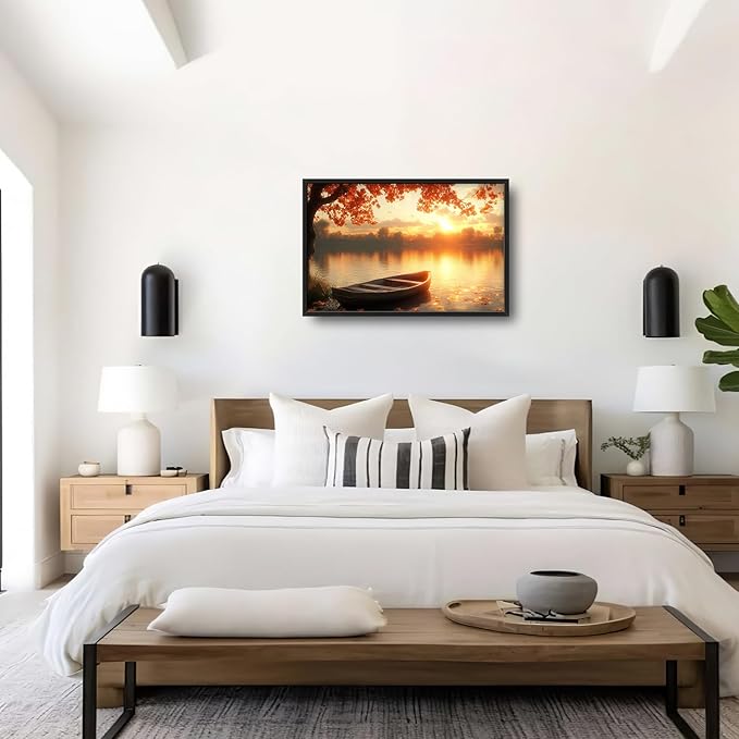 Large Lake Sunrise Landscape Wall Art for Living Room, Nature Boat Canvas Oversized Wall Decor, River Scenery Framed Pictures Painting Print Artwork for Bedroom Office 36"L x 24"W