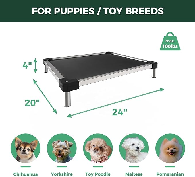 FXW TitanNest Chew-Proof Elevated Dog Bed, Raised Cot for Indoor/Outdoor/Camping Use, Durable & Waterproof Cooling Pet Bed for Toy Dogs, 24.0" L x 20.0" W x 4.1" H, Black