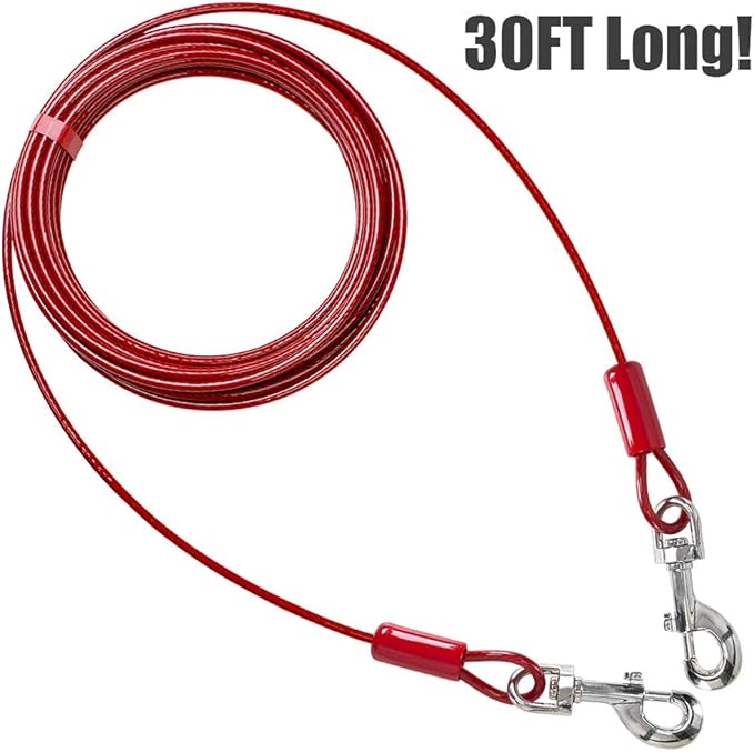 BV Dog Tie Out Cable 30 Feet - Heavy Duty Dog Lead Up to 125 Pounds - Reflective & Rust-Free with Quick Release Swivel Clips & 360° Rotating Clasp - Tangle-Free Dogs Runner for Yard (Red, Single)