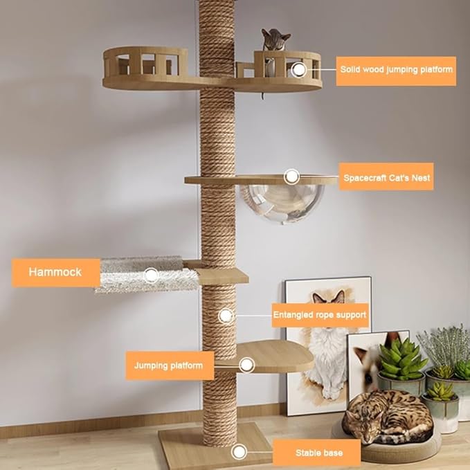 Cat Tree Floor to Ceiling,Cat Tree Height Adjustable from Floor to Ceiling(92“-114”), Tall Climbing Tree, Equipped with Scraping Pillars, Comfortable Bed, Observation Deck, Space Capsule