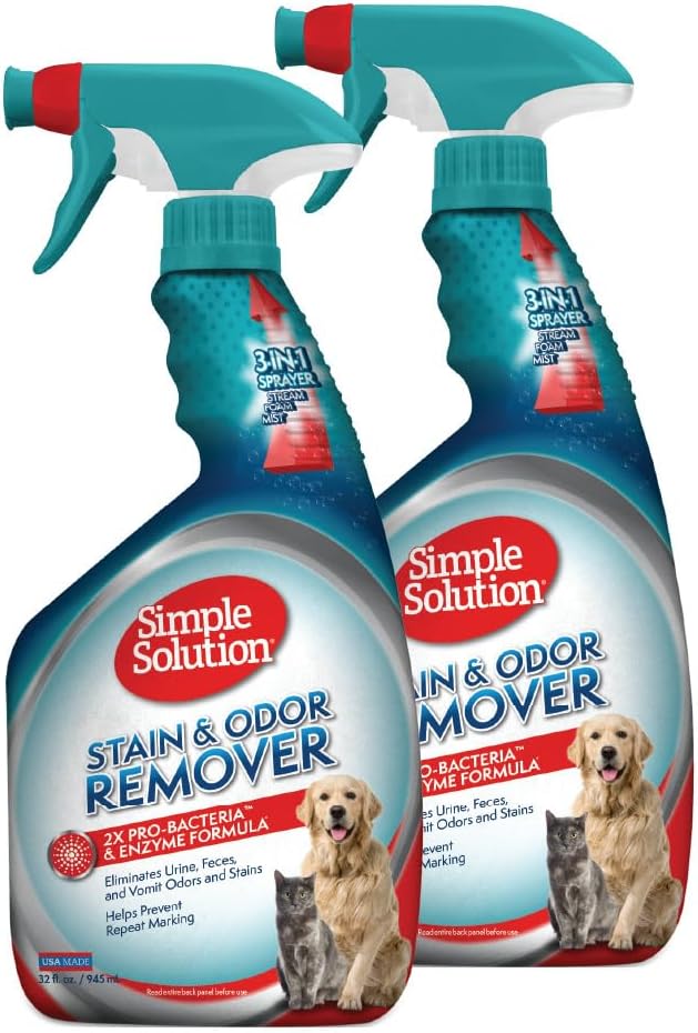 Simple Solution Stain and Odor Eliminator Spray, Pee Stain Remover, Enzyme Carpet Cleaner, Dog Smell Remover for Carpets, Dog Odor Remover, 32 oz (Pack of 2)