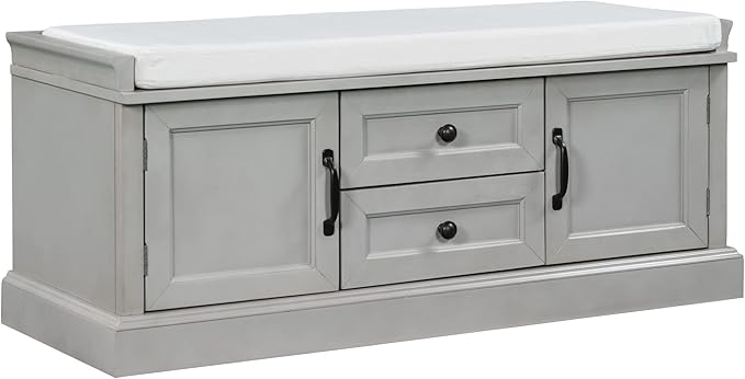 Shoe Storage Bench with 2 Drawers and 2 Cabinets, Pine Wood Shoe Bench with Removable Cushion for Living Room, Entryway 42.5" L x 15.9" W x 17.5" H (Gray Wash)