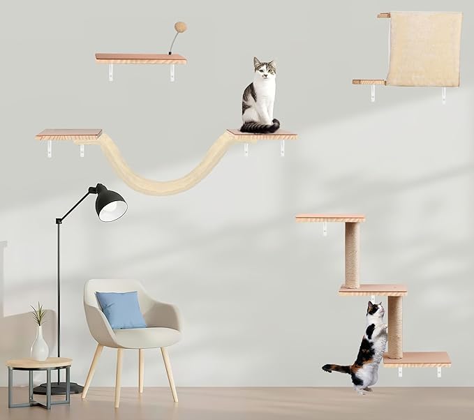 Cat Shelves for Wall,Solid Wood Cat Wall Furniture with Scratching Post,Hammock,Jumping Boards,Steps,Condo and Felt Pads, Suit for Cats Climb, Jump, Nap, Scratch-Beige