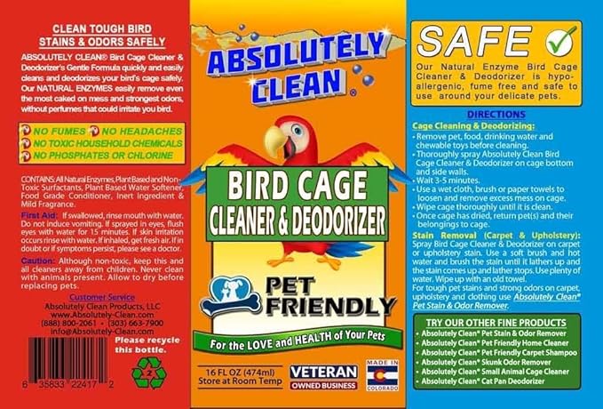 Absolutely Clean Amazing Bird Cage Cleaner and Deodorizer - Just Spray/Wipe - Safely & Easily Removes Bird Messes Quickly and Easily - Made in The US - Fragrance Free - (16oz Pack of 6)