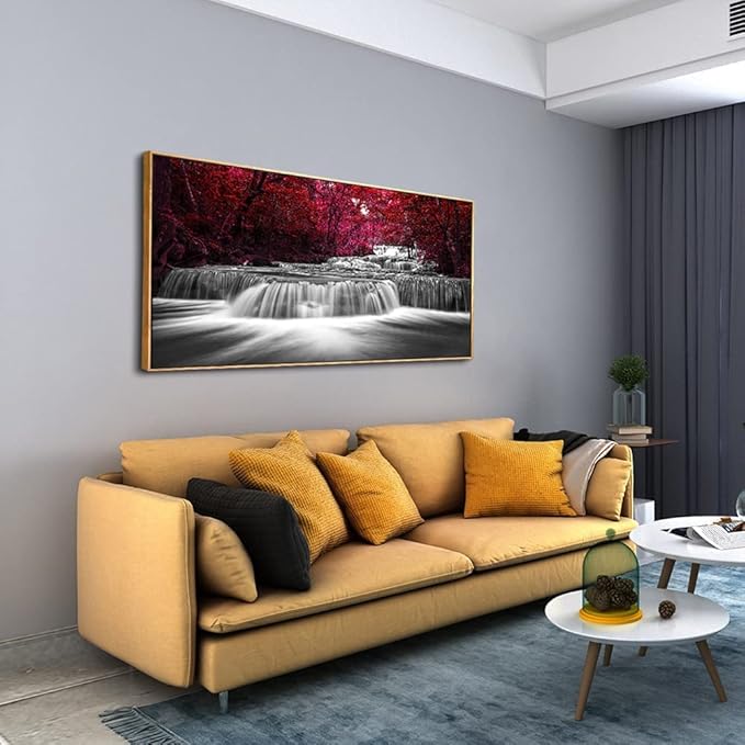 Lasdel Natural Extra Framed Canvas Wall Art of Wide Waterfall & Red Leaves Picture For Bedroom,Burgundy Nature Black White Artwork Decor,Beautiful Maple Leaves Landscape Print Painting,30x60