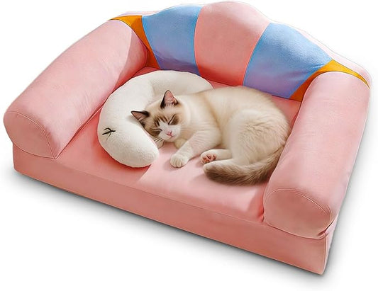 Cute Cat Couch with Soft Pillow, Supportive Dog Couch, Cat Sofa with Removable Cover,Cute Rainbow Shaped, 24 Inch