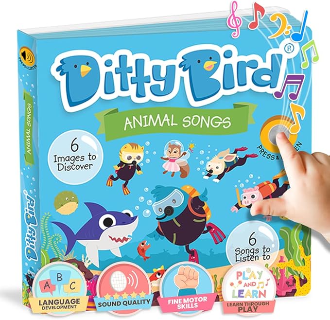 Ditty Bird Animal Songs Book for Toddlers โ Interactive Sound Book with Baby Shark & More | Musical Board Book for 1-3 Year Olds | Fun, Realistic Animal Sounds | Sturdy Sensory Book for Baby