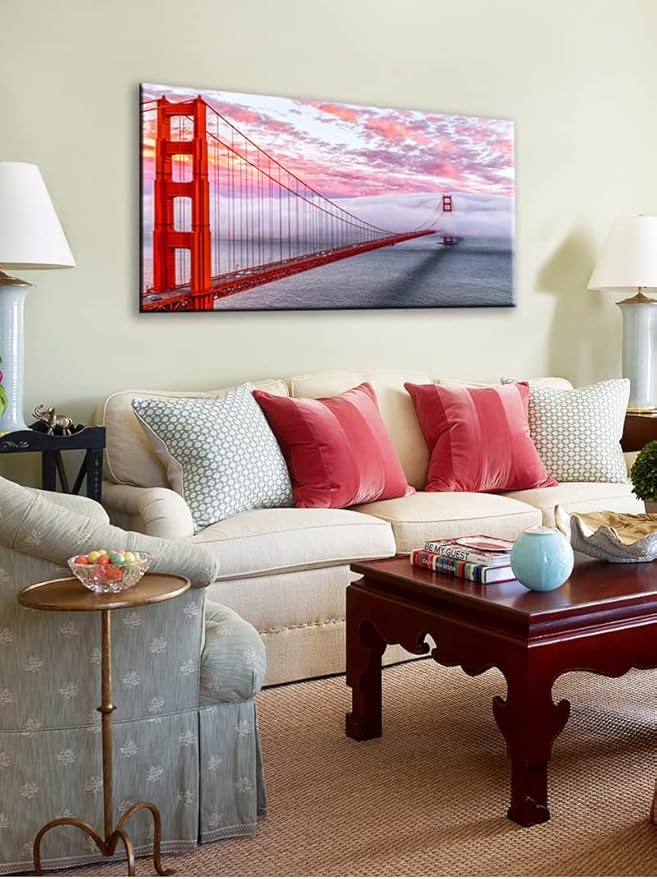 San Francisco Red Golden Gate Bridge At Dusk Canvas Wall Art For BedRoom,Modern Realism City Building Picture,Califonia Foggy Cityscape Painting Decor,Bracket Fixed Ready To Hang,Inner Frame (30x60)