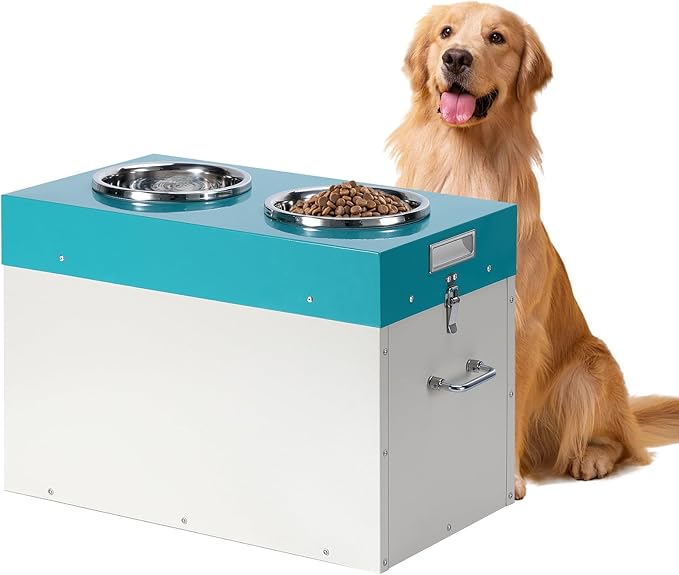 Large Elevated Dog Bowls with Storage,15" H Raised Bowl for Dogs 2-in-1 Airtight Pet Food Storage Holds Up to 45 Lbs2 Removable Stainless Steel Bowls for Medium & Large Dogs