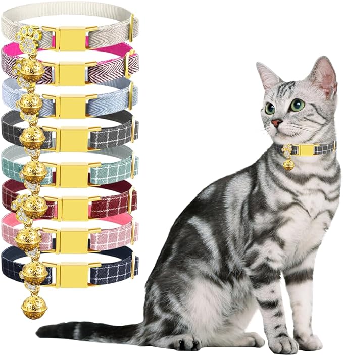 Personalized Breakaway Cat Collars - Magnetic Buckle, Bell - Safety Quick Release, Customized for Girls & Boys Cats- (Checkered-Grey)
