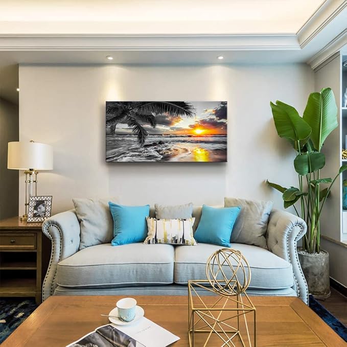 Yxbhhym-Beach Wall Art Black and White Ocean Pictures for Walls Sunrise Seascape Scenery Canvas Print Sunset Painting Palm Poster Sea Wave Artwork for Living Room Wall Art Bedroom Office Wall Décor