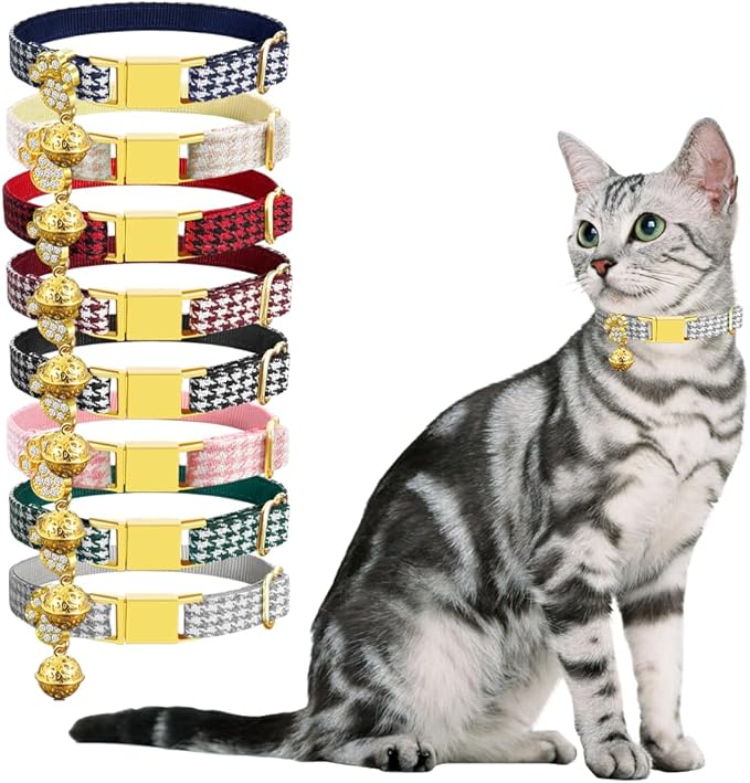 Personalized Breakaway Cat Collars - Magnetic Buckle, Bell - Safety Quick Release, Customized for Girls & Boys Cats- (Houndstooth-Grey)