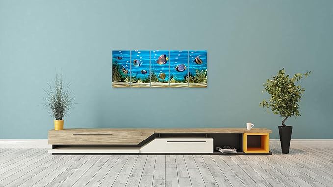 SYGALLERIER School Of Fish Metal Wall Art Handcrafted 3D Coastal Aluminum Artwork Modern Abstract Sea Styles Wall Accent in Blue Green Silver Color for Living Room Bedroom Bathroom Decor