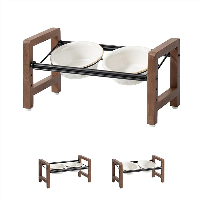 5.5inch Ceramic Adjustable Raised Double Bowls Set with Stand, 3 Heights Elevated, 2 Placement Options,Food and Water Dishes for Puppy, Cats(Double Bowls+Stand, Reactived Glaze -White