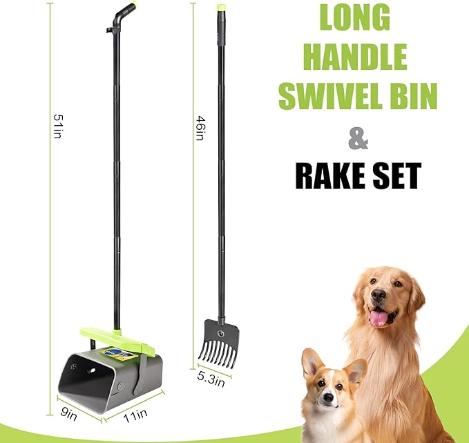 Pooper Scooper Swivel Bin & Rake Kit with 35 Bags – 46" Long Handle Heavy Duty Dog Poop Scooper with Bag Attachment, Yard Pet Waste Cleanup Tool for Large Medium Small Dogs