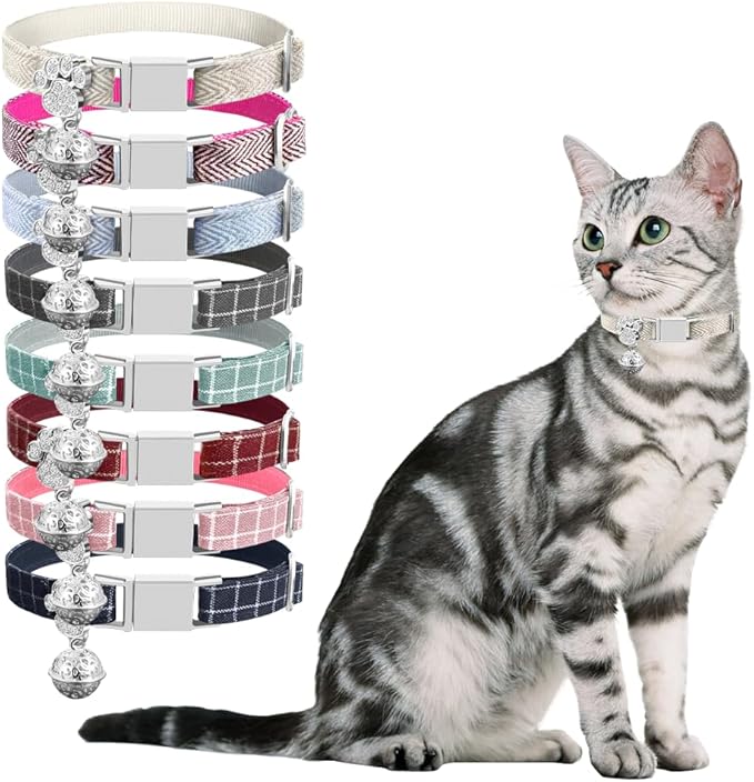 Personalized Breakaway Cat Collars - Magnetic Buckle, Bell - Safety Quick Release, Customized for Girls & Boys Cats- (Herringbone-Oatmeal)