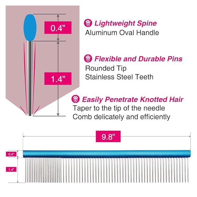 Greyhound Oval Grooming Comb – Aluminum handle, Stainless Steel Teeth Comb for Long-Haired Dogs & Cats, Removes Mats, Tangles, and Loose Fur – Lightweight for Deshedding (Silver/Blue, 9.8")