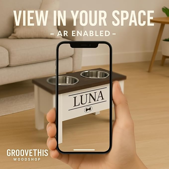 GrooveThis Woodshop Luxury Pet Feeder - Elevated Stand with Stainless Steel Bowls for Small Dogs & Cats, Anti-Slip, Easy Clean, Chic & Durable Design (Tilted, Grey)