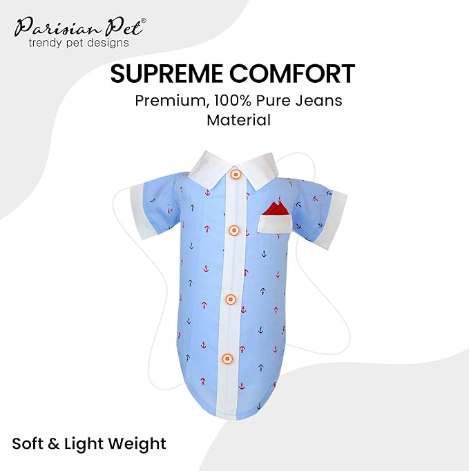 Parisian Nautical Dog Shirt - 100% Cotton Anchor Clothes - Blue and White Costume for Large Dogs