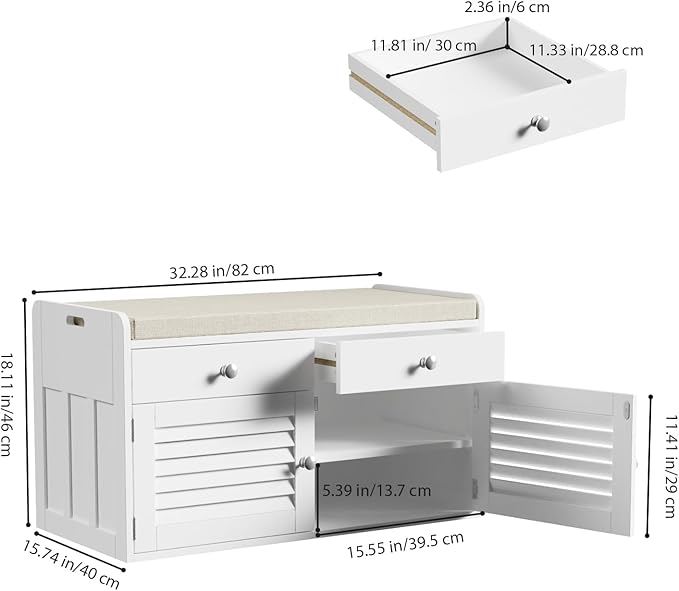 Shoe Storage Bench with 2 Drawers & 2 Doors, Entryway Bench with Cushion, 2 Adjustable Shelves, Shoe Cabinet for Entryway, Living Room, Hallway, Mudroom, Bedroom, White