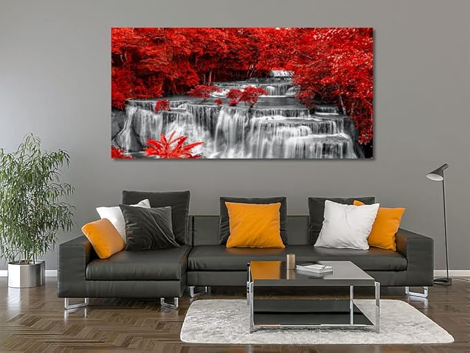 Yxbhhym Black White and Red Waterfall Canvas Wall Art- Red Tree Prints Landscape Posters Framed Picture - Nature Forest Scenery Paintings for Living Room Bedroom Home Office Wall Decor- Large