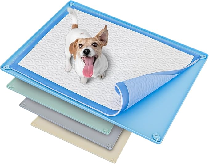Skywin TidyFriend Dog Pee Pad Holder Tray Fits for 30” x 23” Pee Pads with Corner Lock Holes, Raised Edges, Non-Spill, Easy to Clean Silicone Dog Potty Tray Holder, for Indoor Floor Protection (Blue)