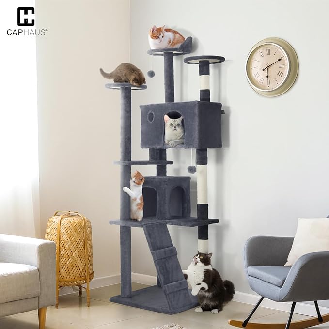 CAPHAUS Cat Tower for Indoor w/Cat Wand Toy, Modern Cute 74-Inch Cat Tree w/Widened Perch for Large Cats Kittens, Multi-Level Cat Activity Tree w/Scratching Posts, Tunnel, Basket, Cat Cave Condo