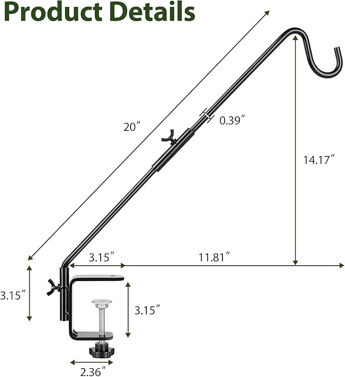 BOLITE Heavy Duty Deck Hook, 20 Inch Bird Feeder Hanger for Hummingbird Feeders, Planters, Lanterns, Wind Chimes, 360° Rotatable Arm, Black