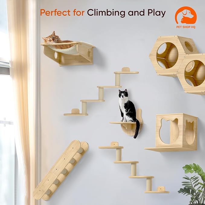 Wall-Mounted Cat Furniture for Climbing - Indoor Wooden Floating Shelves, Perches, Hammock, Bed, Bridges, Walkways - Different Models
