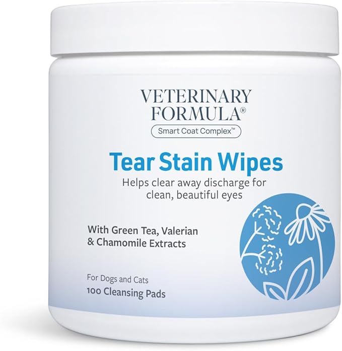 Veterinary Formula Smart Coat Complex Tear Stain Wipes for Dogs & Cats, 100 ct – Gently Wipe Away Debris and Clean Stains Around The Eyes of Pets, Fragrance-Free and Pre-Saturated