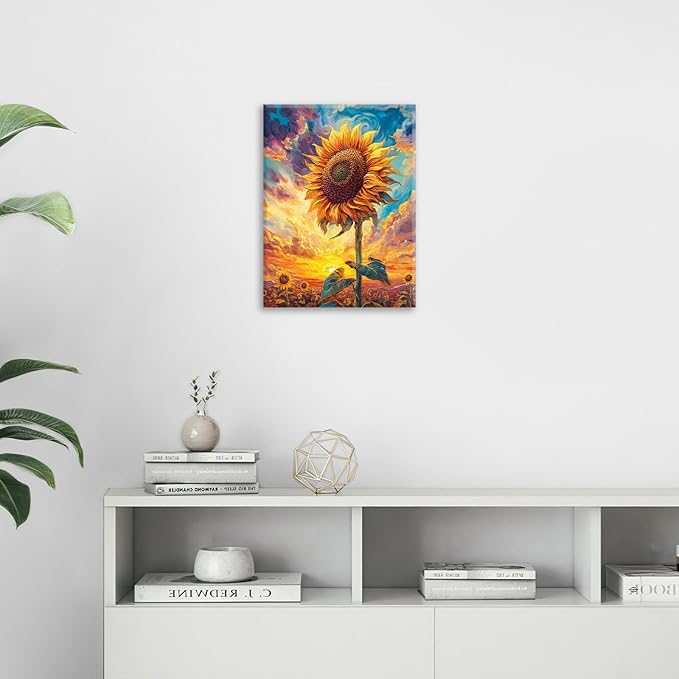 Sunflower Wall Art Canvas Yellow Floral Wall Decor Prints Framed Painting Pictures Gifts Artwork for Bathroom Bedroom Living Dining 12"x16"