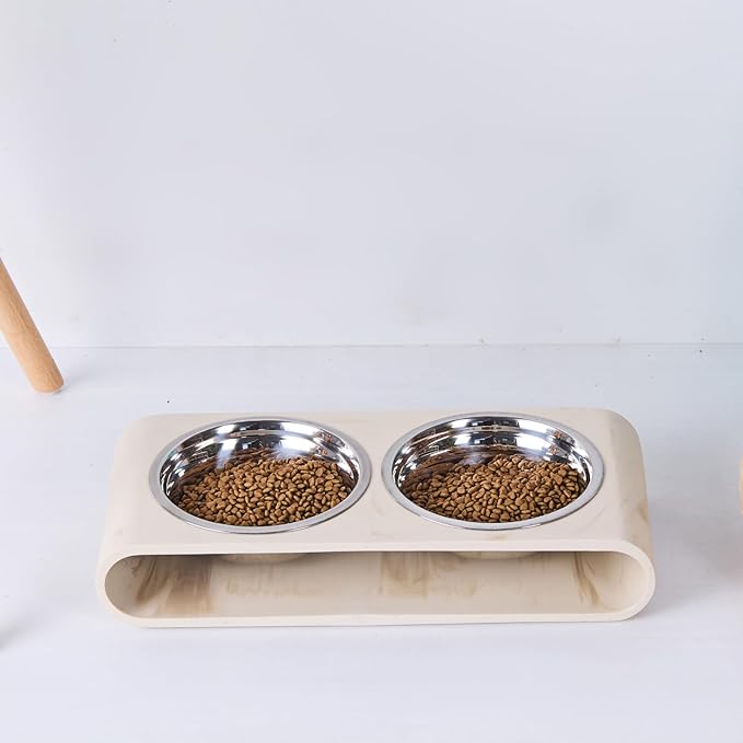 Beige Marble Elevated Dog Bowls Set - 2 Thick 6" Stainless Steel Puppy Food Bowl with Non-Slip Raised Holder Stand, Double Feeding Bowls for Food and Water, Suitable for Cats and Small Medium Pet