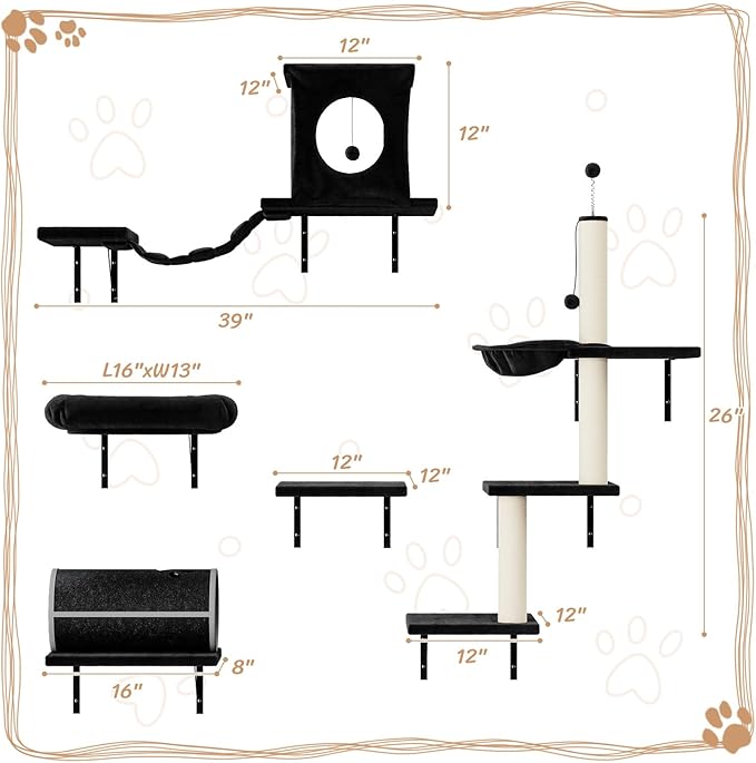 NUNU LAB Wall Mounted Cat Furniture, 7 Pcs Cat Wall Shelves with House, Tunnel, Bridge, Steps, Scratcher, Hammock, Bed, Indoor Safe & Stable Furniture for Kittens Play, Black
