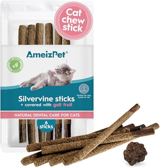 Silvervine Sticks for Cats, Chew Sticks Covered with Gall Fruit Dust - Natural Matatabi Cat Dental Care, Catnip Cat Teeth Cleaning, 6 Pcs