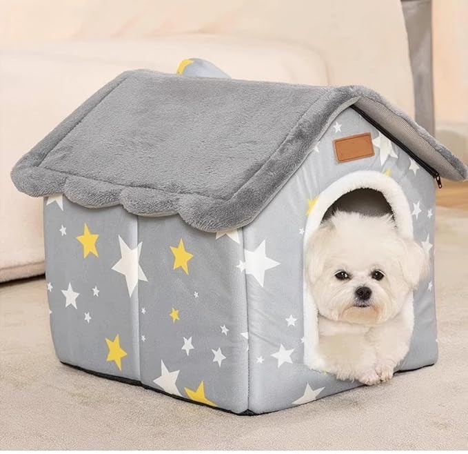 Scnbom Dog House Indoor Puppy Cave Cat Nest Kennel Pet Bed Portable Memory Sponge Foldable Houses with Cushion (Grey, M:Size fits 7.5kg/17lbs (Pets))