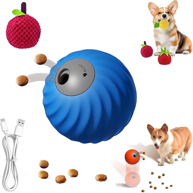 Zoomie Buddy 2.0, Zoomie Buddy for Dogs, 2 in 1 Smart Touch Interactive Dog Balls & Pet Feeder, 2.83" Diameter, Suitable for Small/Medium Dogs, with Fruit Plush Cover (Blue, Bayberry)