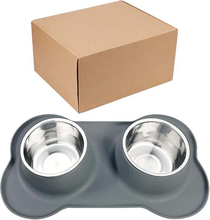 AsFrost Dog Food Bowls Stainless Steel Dog Food & Water Bowl Set with No Spill No Slip Silicone Mat, Dog Dishes for Small Medium Size Dogs Pet Cat Puppy Food Feeding Bowls, Grey, 24oz, 3 Cup