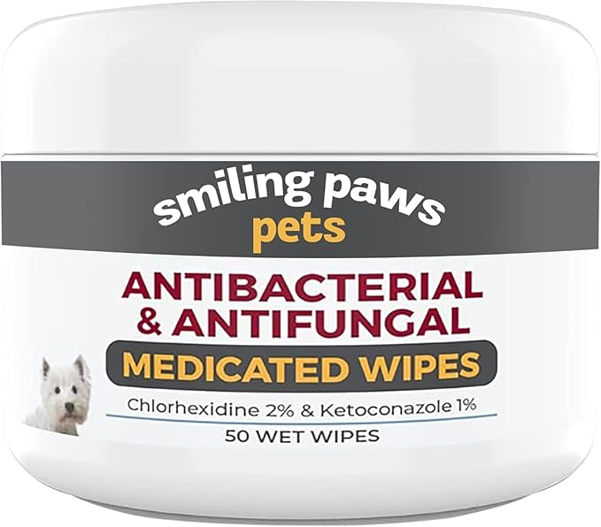 Smiling Paws Pets - Antibacterial & Antifungal Wipes for Dogs & Cats (with Chlorhexidine & Ketoconazole)