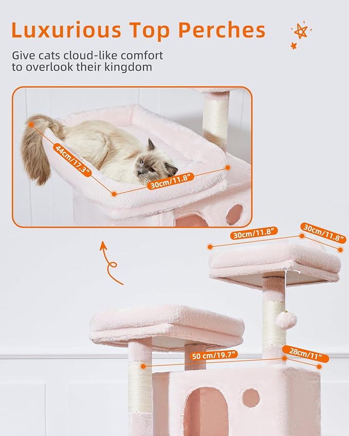 Taoqimiao Cat Tree 57.5-Inch, Cat Tower for Indoor Cats Large Adult, Extra Large Cat Condo, 8 Sisal Scratching Posts, Metal Frame Cozy Hammock, Durable Scratch Board, 2 Top Perches, Jelly Pink MS026P