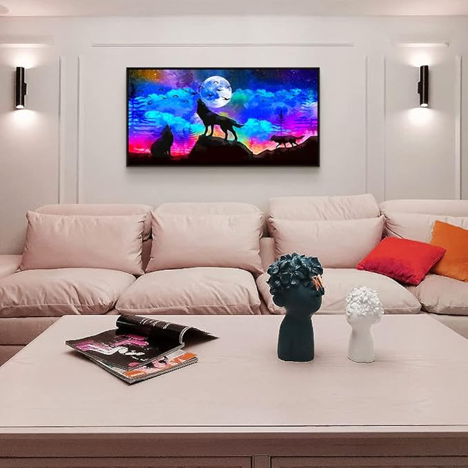 Framed Canvas Wolf Landscape Painting Canvas Wall Art For Living Room Bathroom Wall Decor For Bedroom Kitchen Artwork Canvas Art Prints Modern Office Home Decorations Blue Starry Sky Hang Pictures