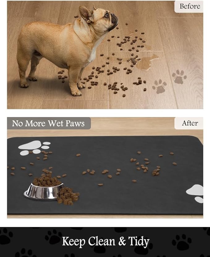 Pet Feeding Mat-Absorbent Dog Mat for Food and Water Bowl-No Stains Quick Dry Water Dispenser Mat-Dog Accessories Pet Supplies-Bowl for Messy Drinkers(Black,12"x19"