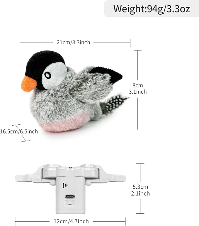 Interactive Flapping Bird Cat Toy with Catnip, Musical Sound (can Turn Off), Satisfy Cat's Natural Huting Instinct, Soft Plush Washable Cover, Moving Toy for All Breeds Cats(Gray)