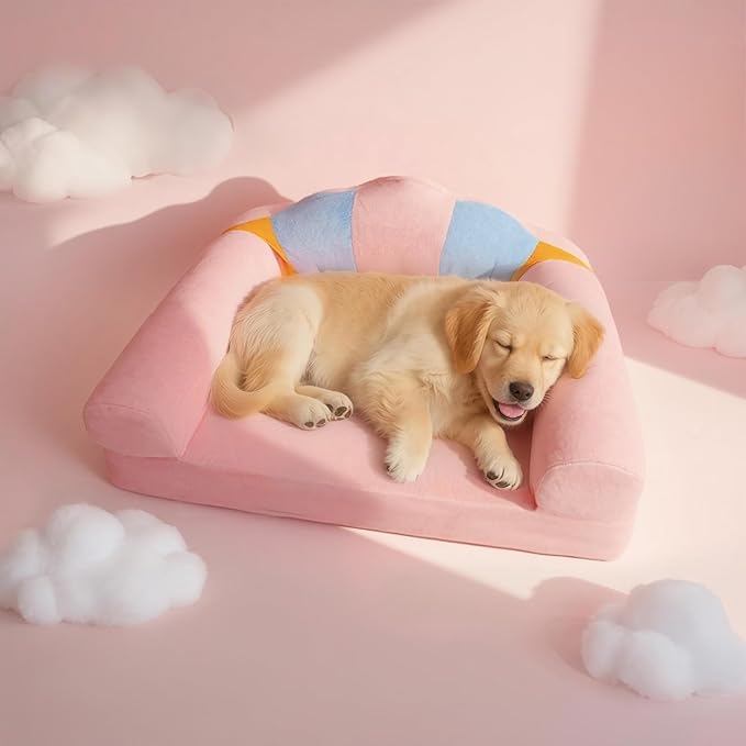 Cute Cat Couch with Soft Pillow, Supportive Dog Couch, Cat Sofa with Removable Cover,Cute Rainbow Shaped, 24 Inch