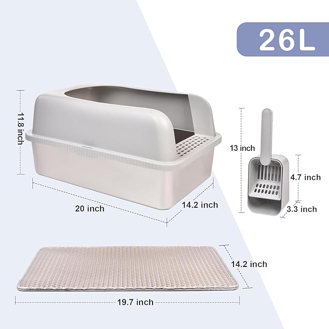 Henkelion 2 Pack Stainless Steel Cat Litter Box with Lid, 20" L x 14.2" W x 11.8" H, Extra Large Litter Box for Big Cats with High Sided, Anti-Urine Leakage, Easy Cleaning, Include Cat Mat and Scoop