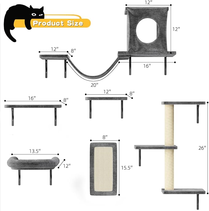 NUNU LAB Cat Wall Shelves, 6 Pcs Luxury Wall-Mounted Cat Climber Set, Indoor Cat Furniture with 1 Condos House, 2 Cat Wall Shelves, 1 Scratching, 1 Bridge Ladder, 1 Scratching Pad, Dark Gray