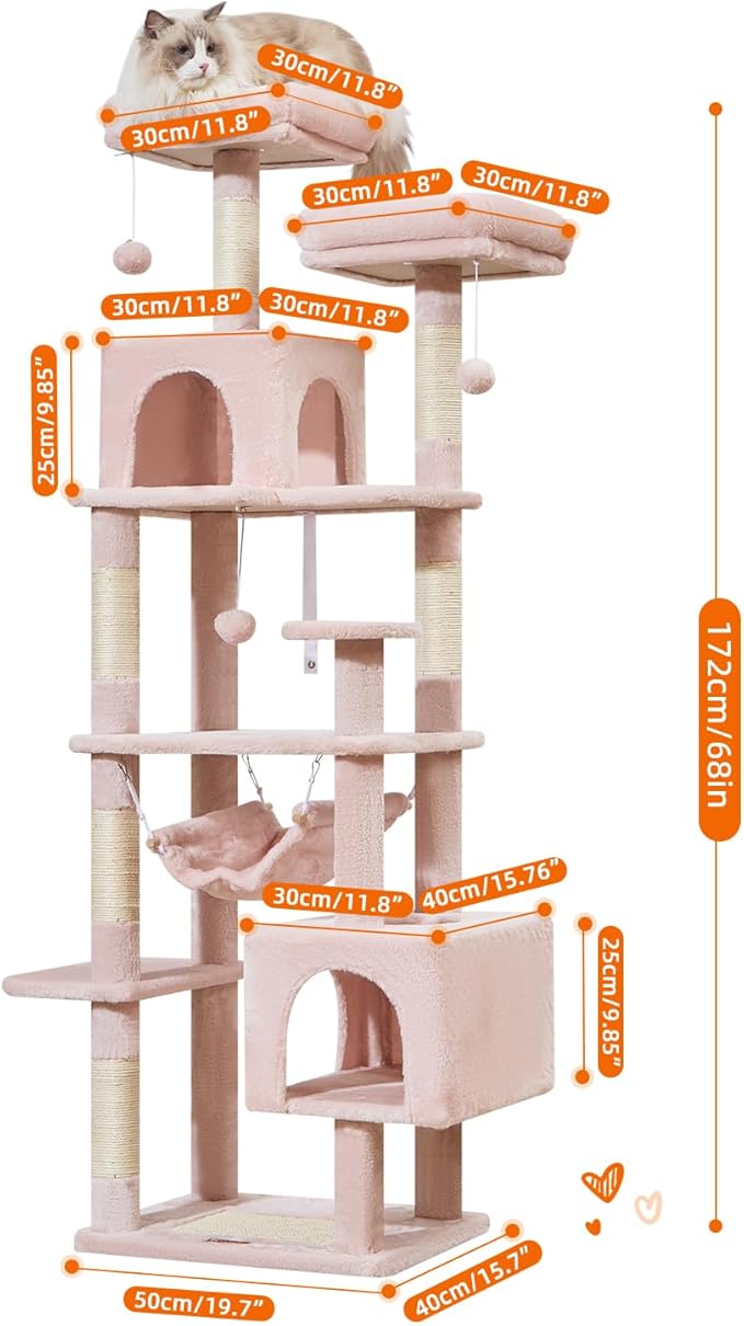 Taoqimiao Cat Tree, 68-Inch Cat Tree Cat Tower for Indoor Cats, Plush Multi-Level Cat Condo with 6 Scratching Posts, 2 Perches, 2 Caves,Hammock, 3 Pompoms,MS020SP Jelly Pink