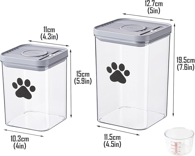 Dog Cat Food Storage Container with Scoop, 2Pack Airtight Plastic Pet Food Storage Containers,Dog Treat Container Jars Set,Treats Canister for Kitchen or Countertop,BPA Free, Clear