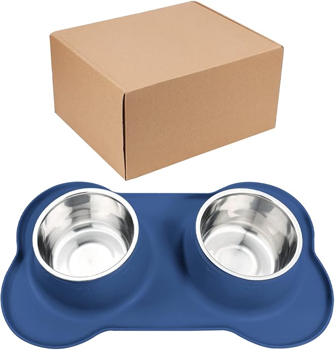 AsFrost Dog Food Bowls Stainless Steel Dog Food & Water Bowl Set with No Spill No Slip Silicone Mat, Dog Dishes for Small Medium Size Dogs Pet Cat Puppy Food Feeding Bowls, Blue, 24oz, 3 Cup